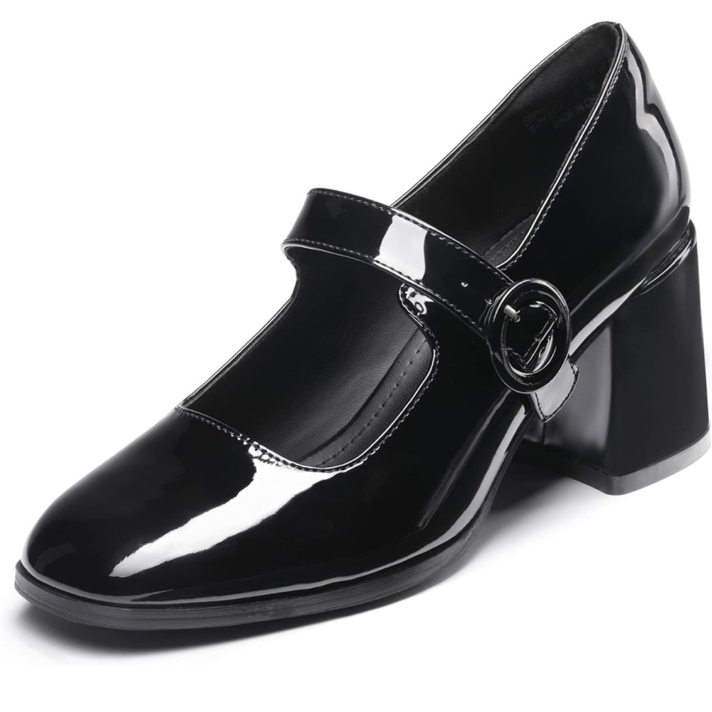 Mary Jane Glossy Patent Leather Block Heel Pumps